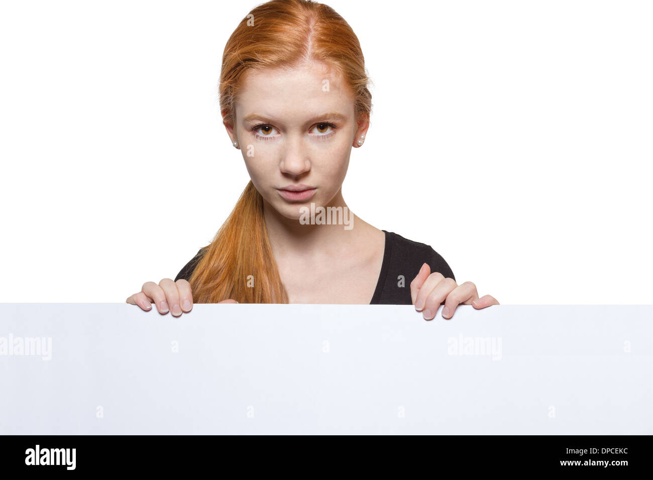 Cute Teen Mädchen mit einem weißen Schild Stockfoto