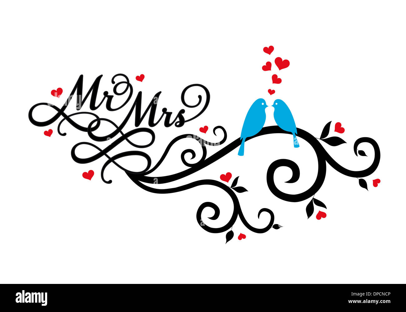 Herr und Frau, Hochzeit Vögel auf Wirbel mit roten Herzen Stockfoto