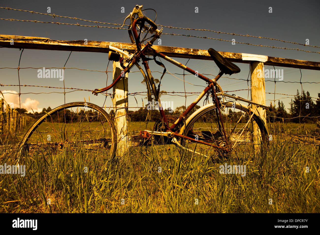 Alte verlassene Fahrrad an einen Zaun gelehnt. Stockfoto