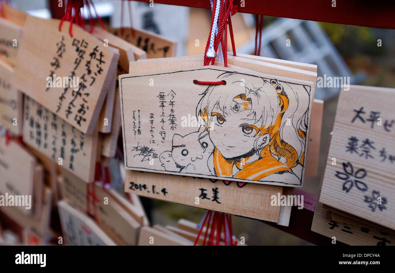 Hölzernen Tafeln mit Anime-Figuren, Kanda Myojin-Schrein. Stockfoto