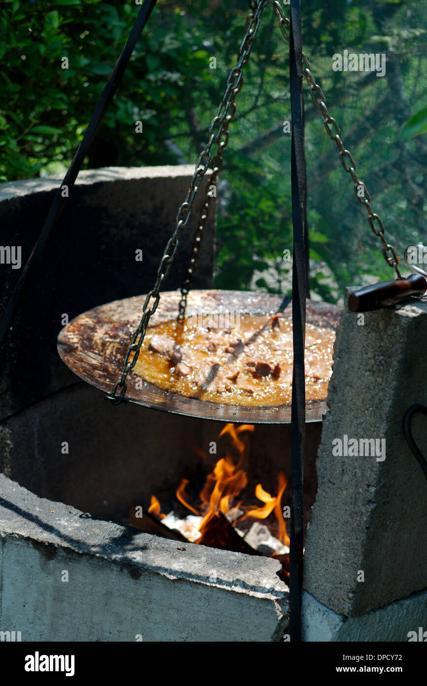 Roheisen-Garten-Röster mit Schweinefleisch Stockfoto