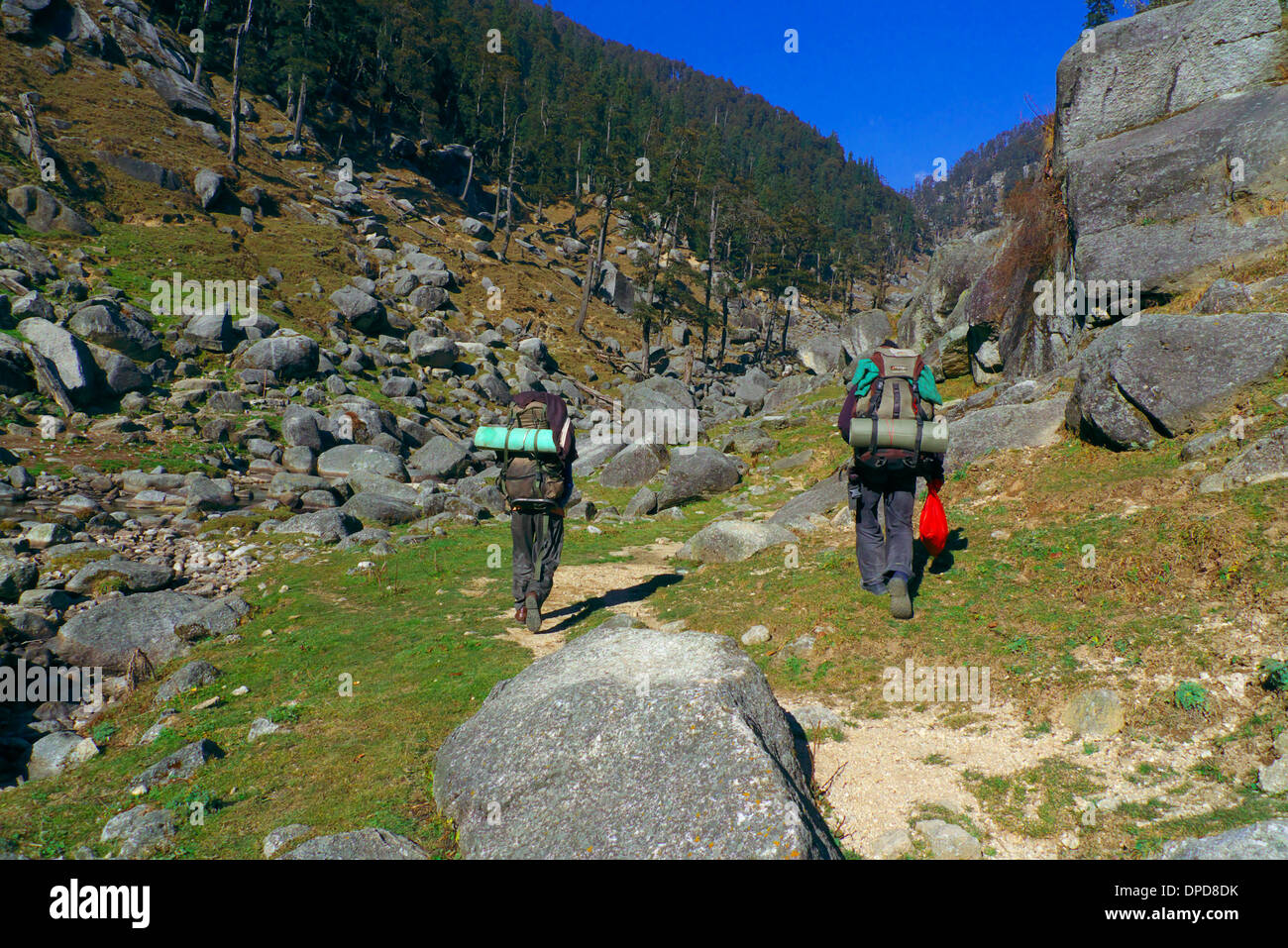 Trek Träger auf Trek/Pilgerweg Nyund Fluss, vom Gehra zum Kareri Lake, Nr. Mcleodganj, Himachal Pradesh, N. Indien. Stockfoto