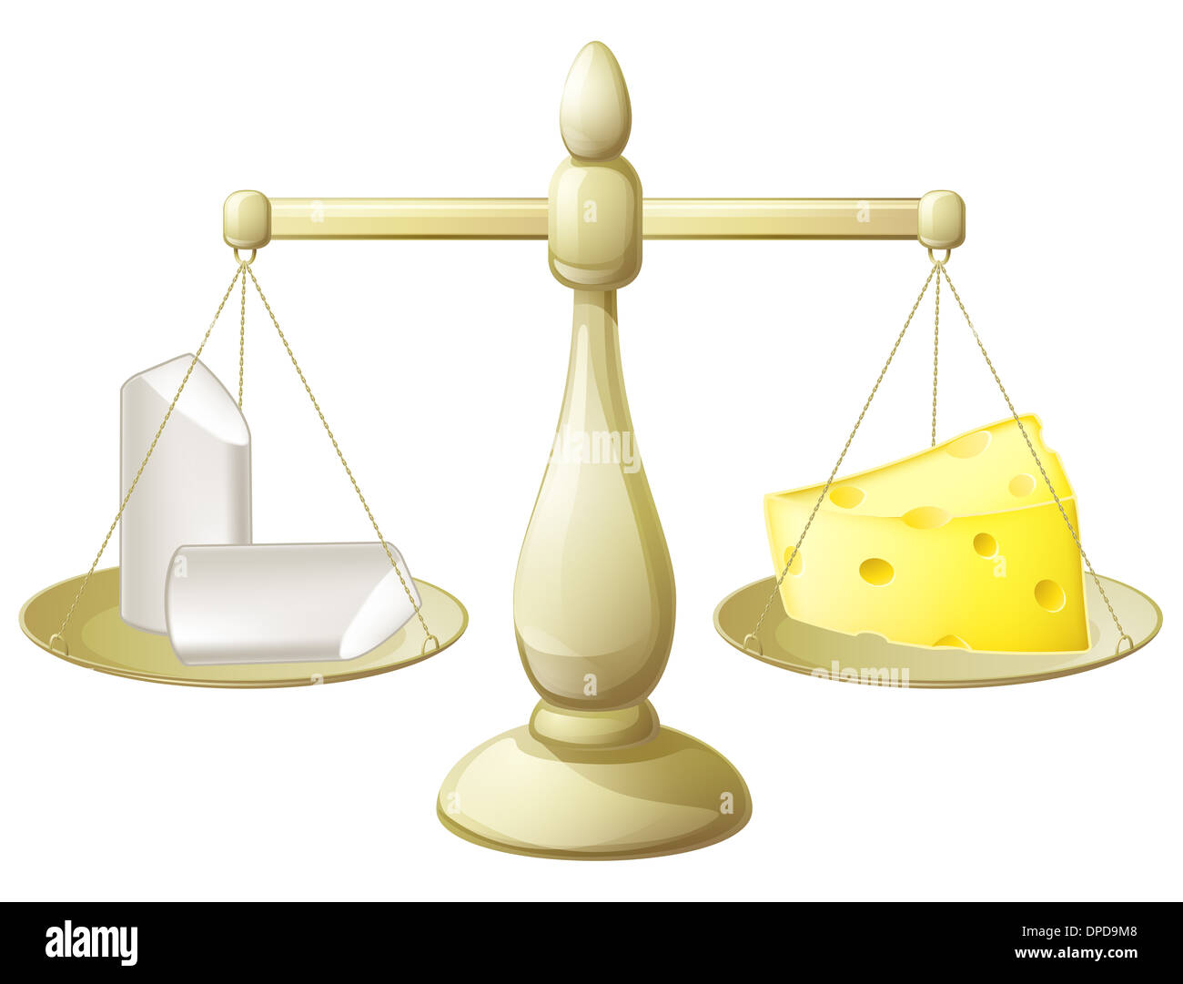 Vergleich von Kreide und Käse auf eine Reihe von Skalen konzeptionelle Darstellung für Notwendigkeit verschiedene Dinge oder Sinnlosigkeit-Balancing Stockfoto