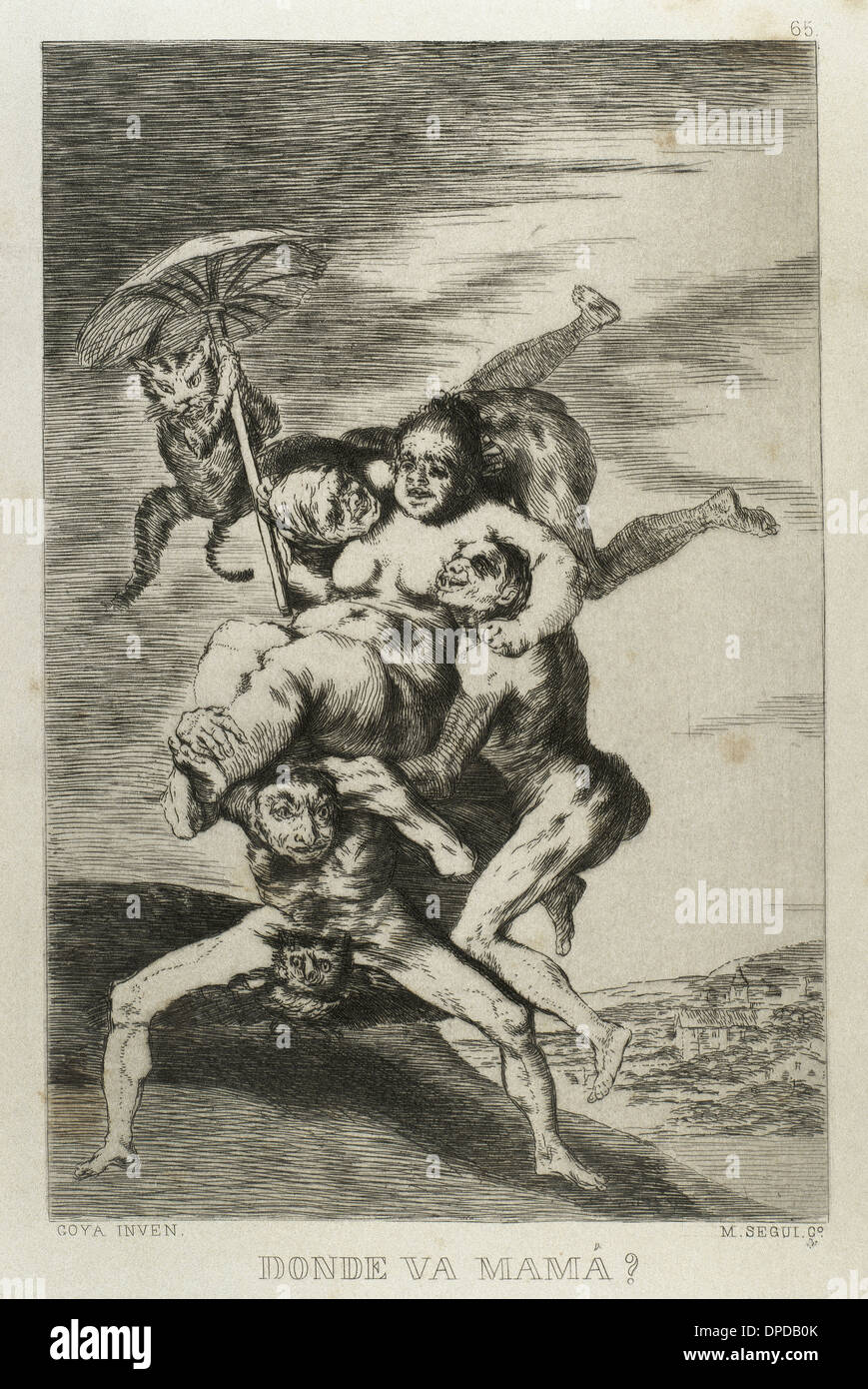 Goya (1746-1828). Spanischer Maler und Grafiker. Los Caprichos. ¿Donde va Mama? (Wohin gehen Sie Mama?). Nummer 65. Stockfoto