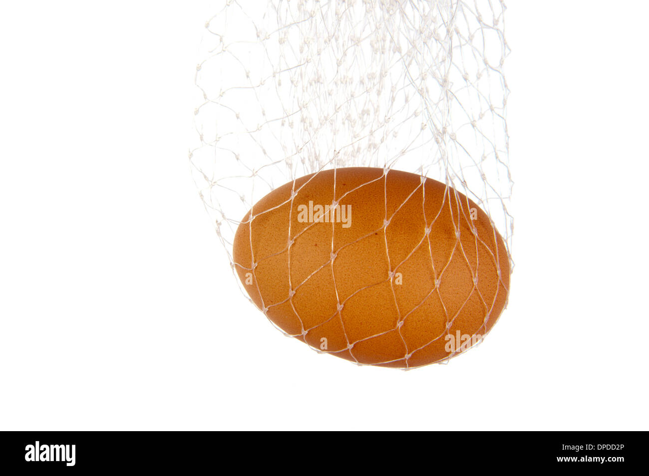 ein Ei hängen in weißes Netz isoliert in weiß Stockfoto