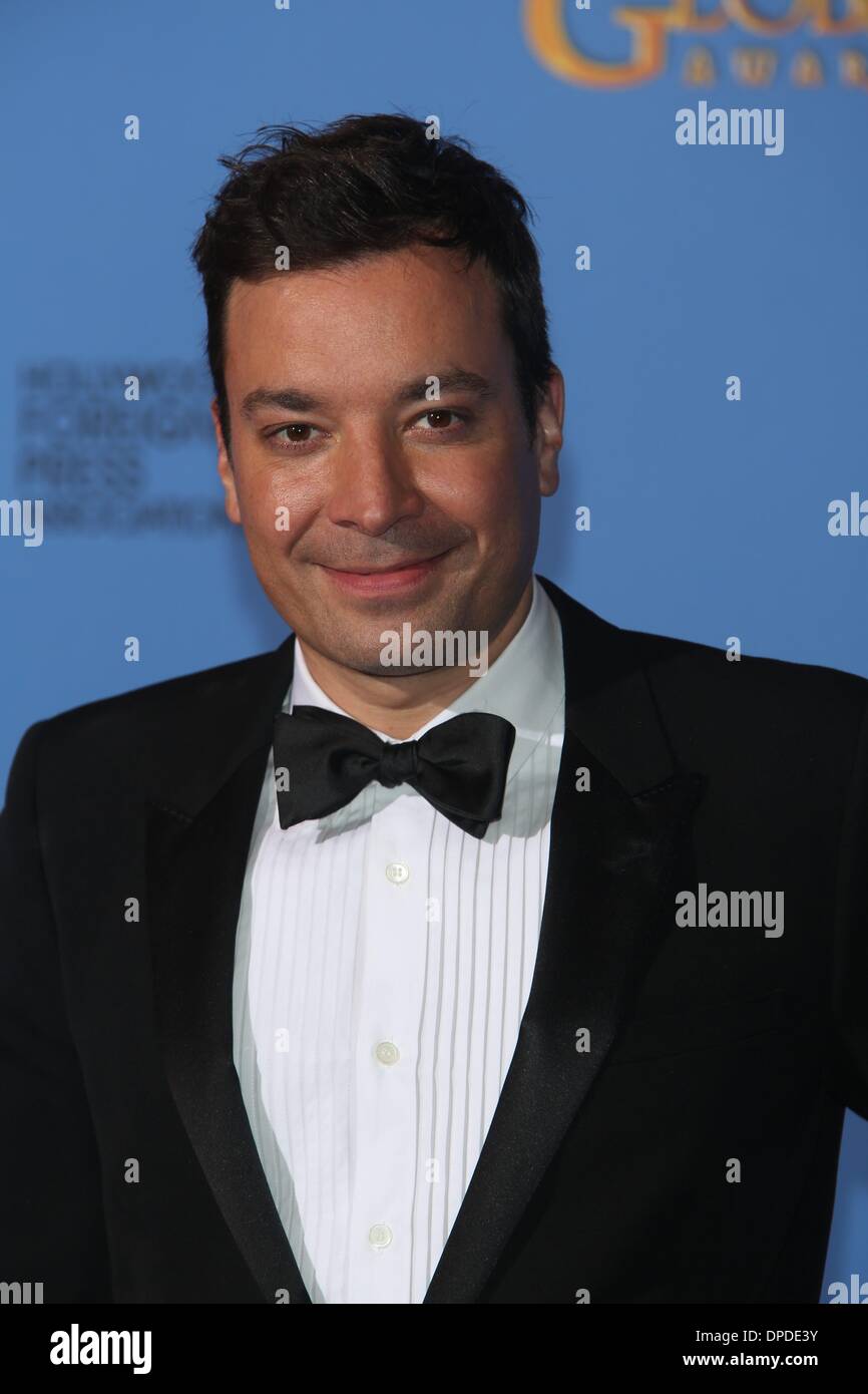 Los Angeles, Kalifornien, USA. 12. Januar 2014. Jimmy Fallon posiert im Presseraum der 71. Annual Golden Globe Awards aka Golden Globes im Hotel Beverly Hilton in Los Angeles, USA, 12. Januar 2014. Foto: Hubert Boesl/Dpa/Alamy Live News Stockfoto