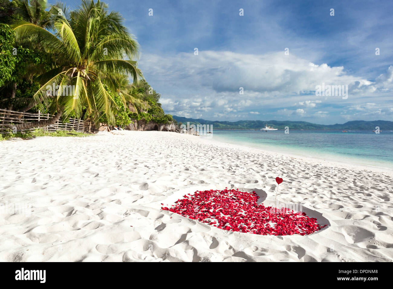 Herzen von Rosen Blütenblätter am tropischen Sandstrand. Niemand. Liebe-Konzept Stockfoto