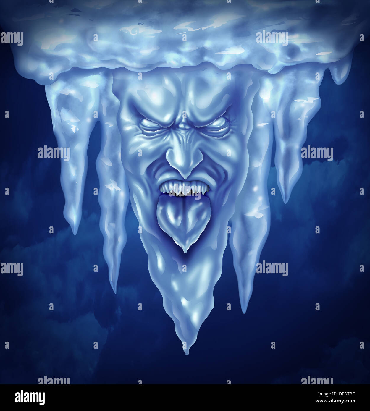 Deep Freeze und extreme Kälte Konzept als eine Gruppe von Eiszapfen in der Form eines intensiven gefrorenen menschlichen Ausdrucks aus Eis als eine Metapher für Winter Minustemperaturen. Stockfoto