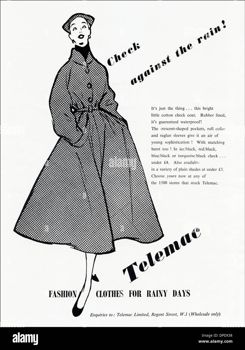 1950er Jahre Werbung Werbung TELEMAC Dame wasserdichte Outdoor-Jacke. Anzeige in Womens Fashion-Magazin ca. 1952. Stockfoto