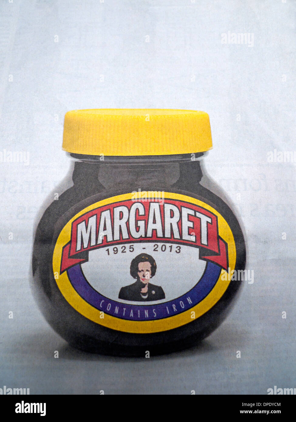 Tory Partei PM Premierministerin Margaret Thatcher Marmite Werbe Gedenk Denkmal 1926-2013 bei ihrem Tod 8. April 2013 KATHY DEWITT Anzeige Stockfoto