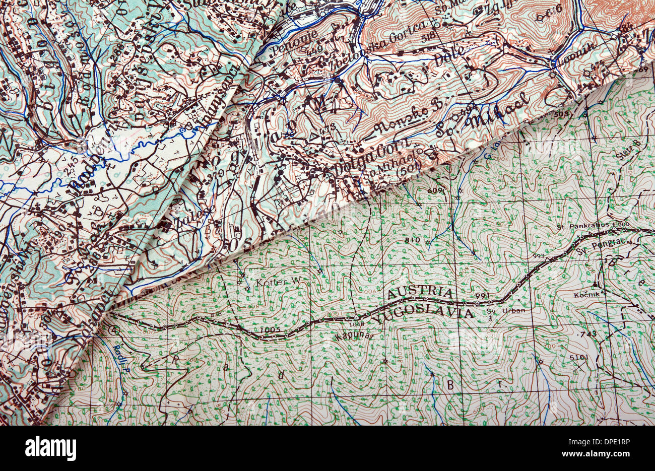 alte Karten von Slowenien und Grenze zwischen zwei Ländern Stockfoto
