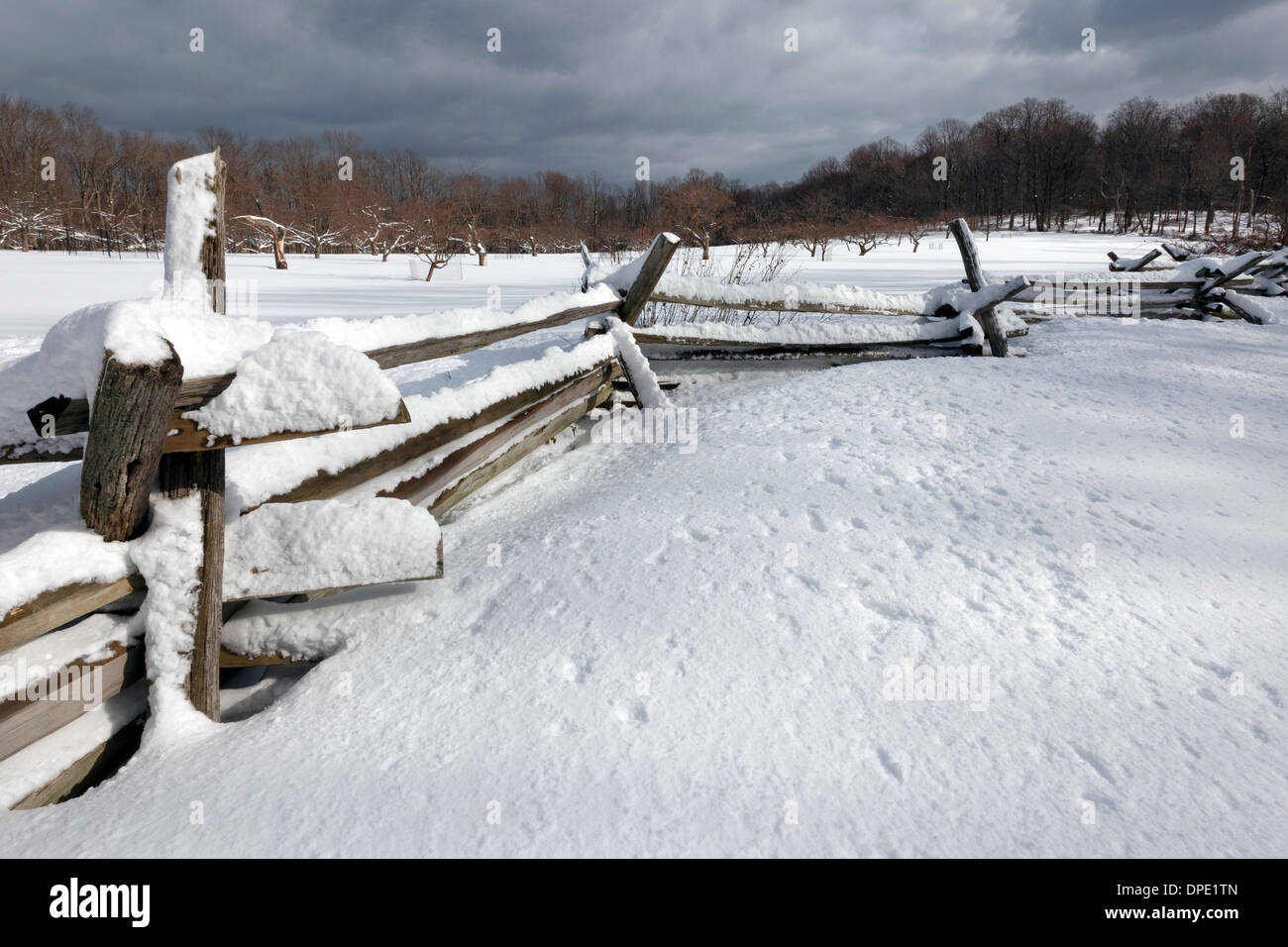 Winter-Zaun, Jockey hohl National Historical Park, Morristown, NJ Stockfoto