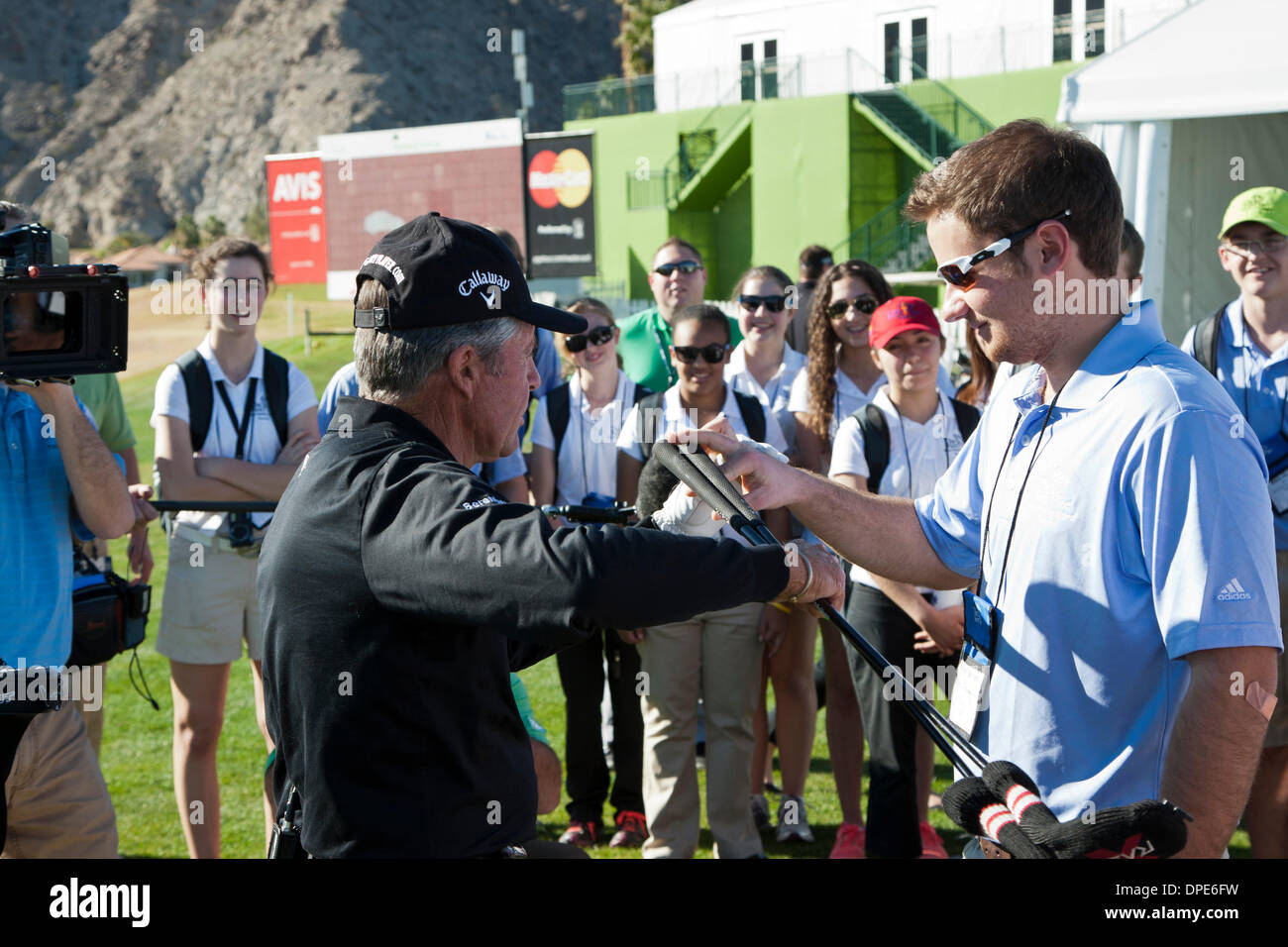 Gary Player, Superstar Golfer zeigt seine Tricks auf ein Golfkurs für Jugendliche auf der Humana Challenge 2014 im PGA West. Stockfoto