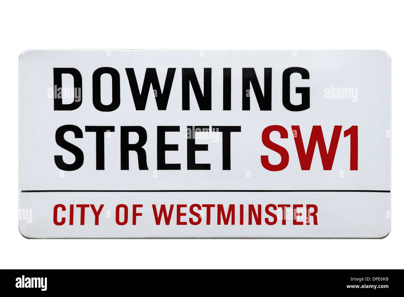 Ausschnitt der Downing Street Zeichen, London, England, Vereinigtes Königreich Stockfoto