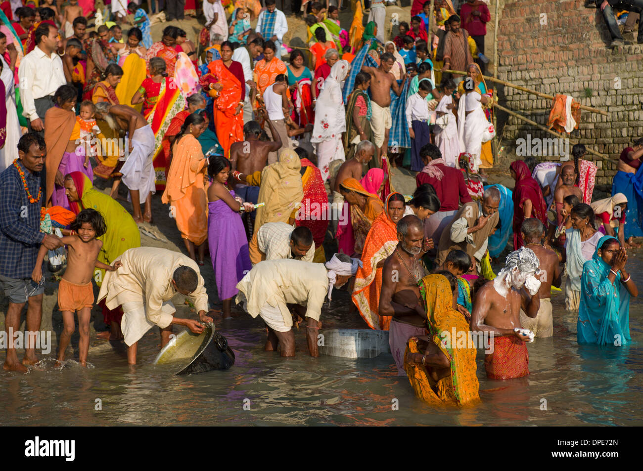 Pilger Baden im Fluß Gandak, Sonepur Mela, Sonepur, Bihar, Indien Stockfoto