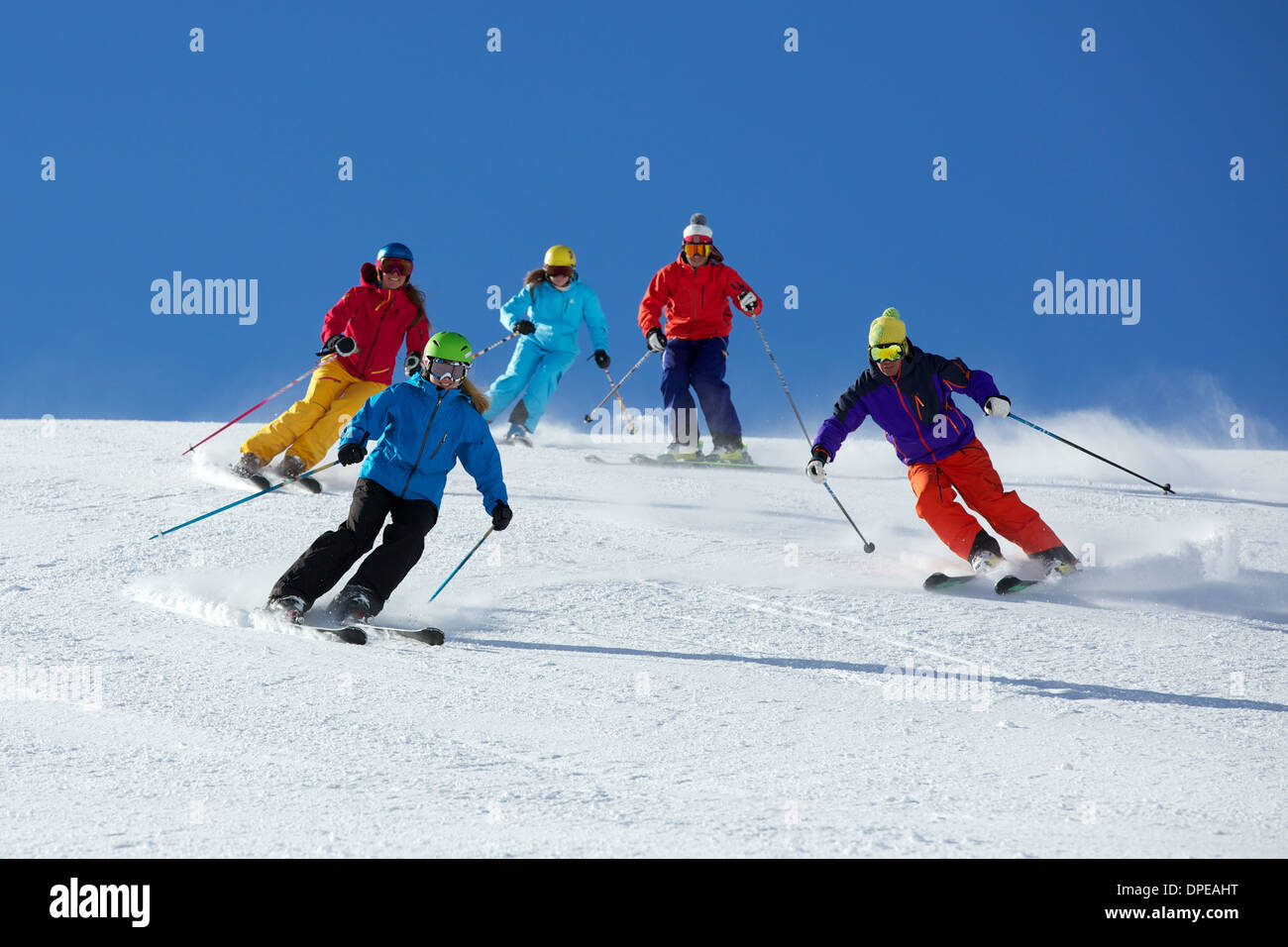 Gruppe von Freunden Skifahren in Kühtai, Tirol, Österreich Stockfoto