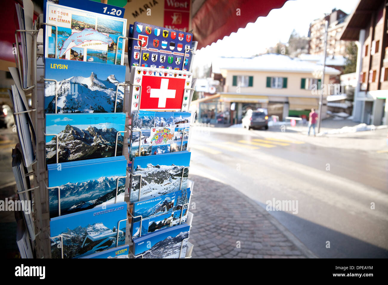 Postkarten für den Tourismus, Leysin Dorf, Schweiz, Europa Stockfoto