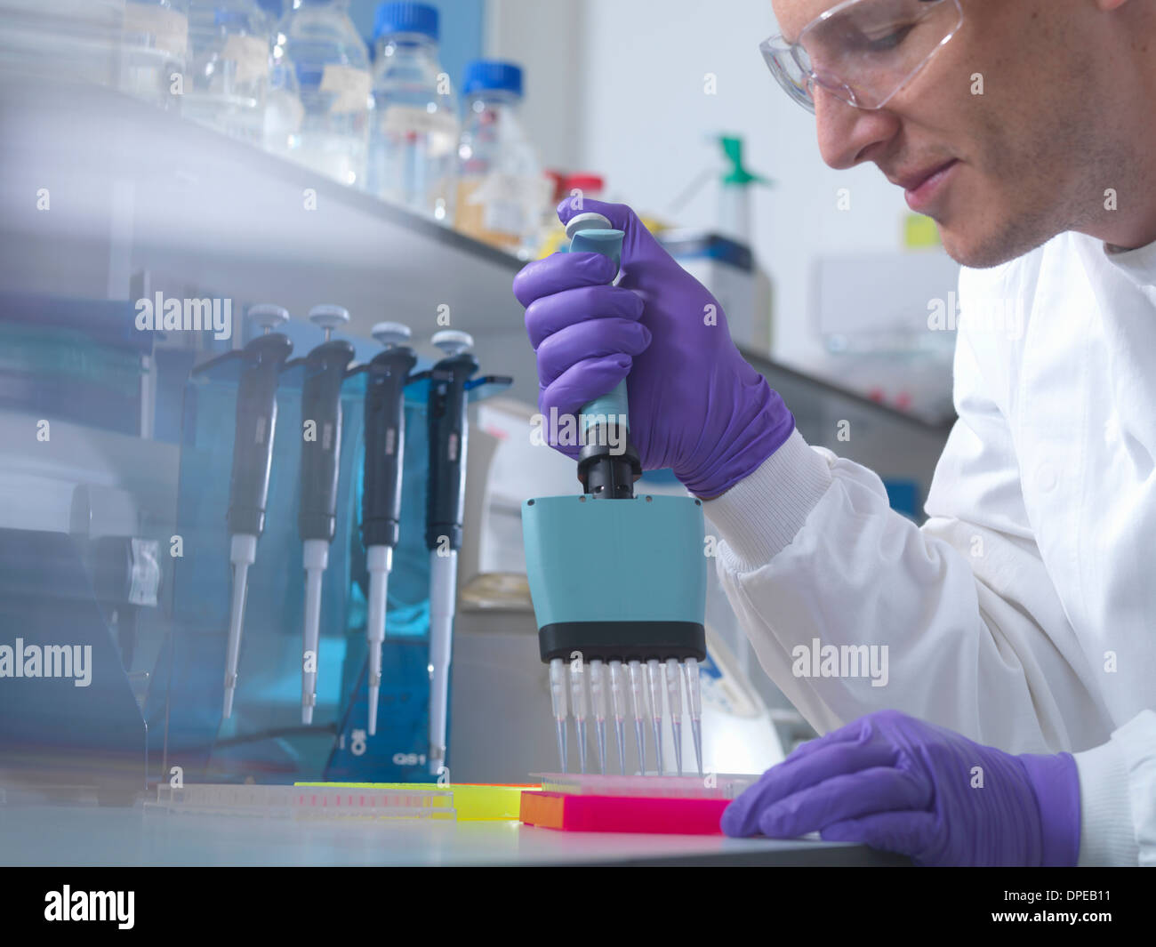 Männliche Forscher mit Multi-Pipette im Labor Stockfoto