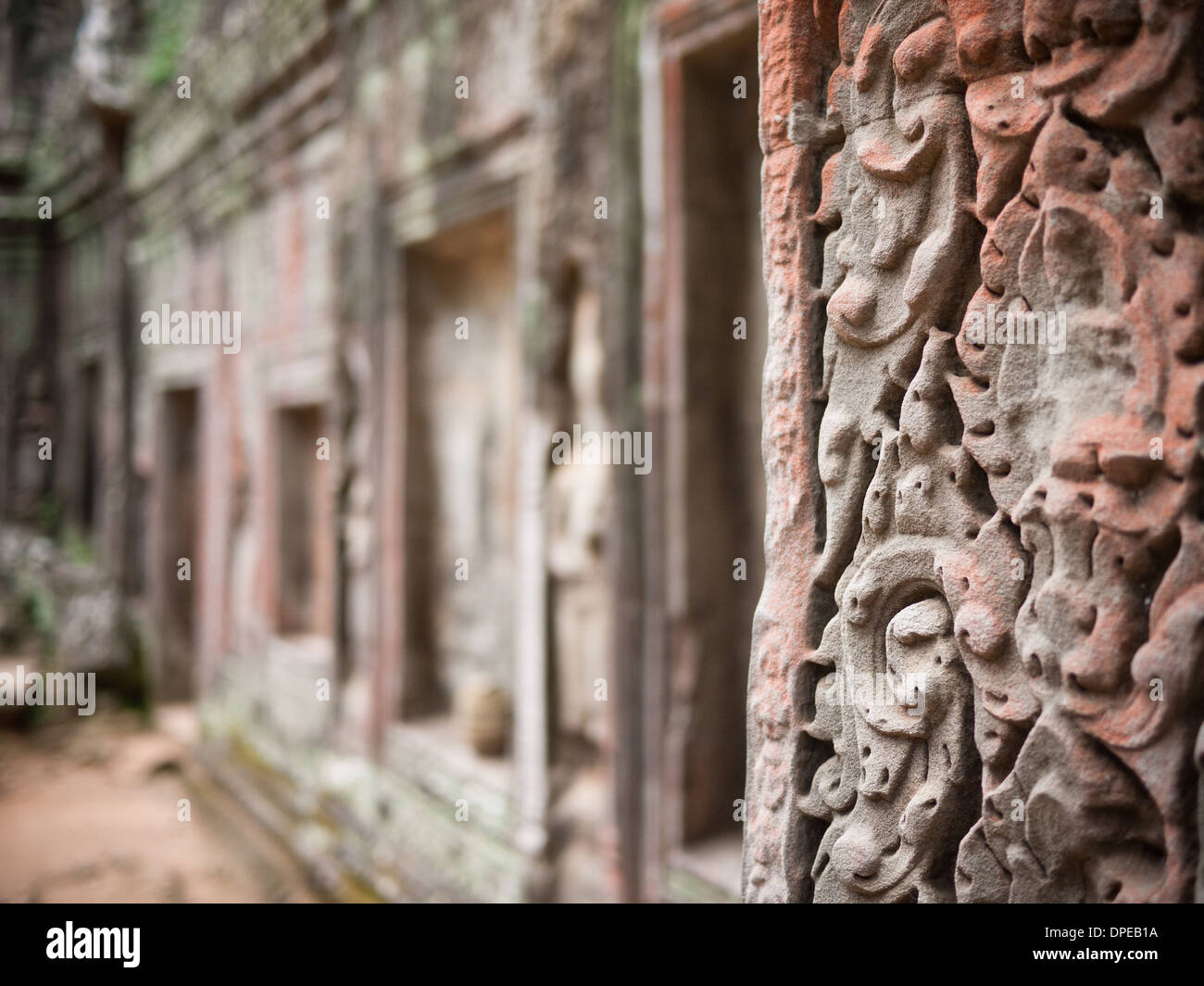 Komplizierte Kunstwerk und Schnitzereien an den Tempel Ta Prohm, einen Tempel in Angkor, Provinz Siem Reap, Kambodscha. Stockfoto