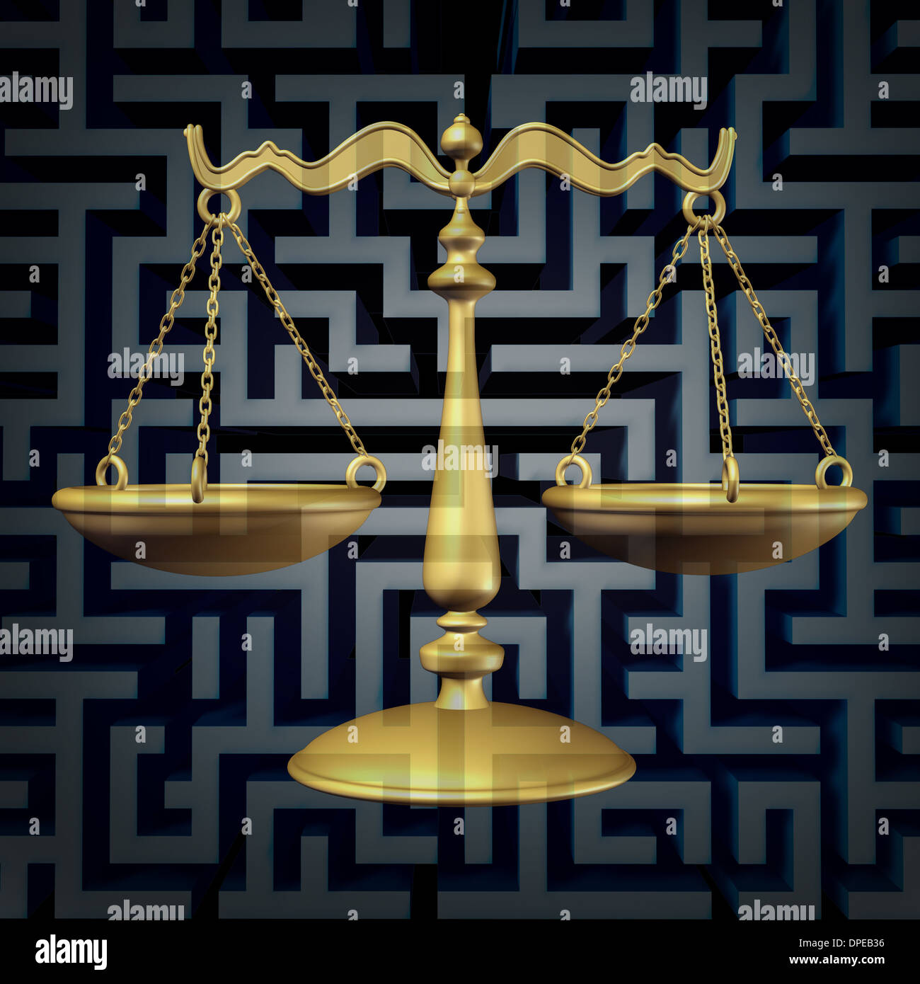 Verwirrung und Rechtsanwalt Rechtsberatung als ein Geschäftskonzept Gesetz mit einer Justiz-Skala auf einem drei dimensionalen Irrgarten oder Labyrinth als Metapher für die komplizierten Vorschriften und Bürokratie. Stockfoto