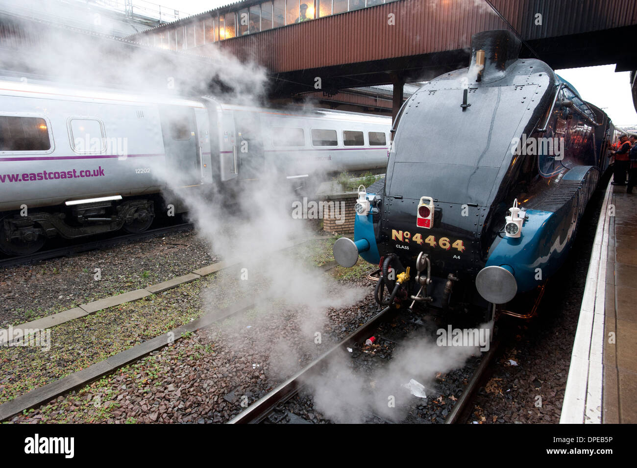 LNER erhaltene Dampfmaschine Rohrdommel no.4464 stehen am Bahnhof York am Tag seinen Rekord 93 km/h im Dezember 2013 laufen. Stockfoto