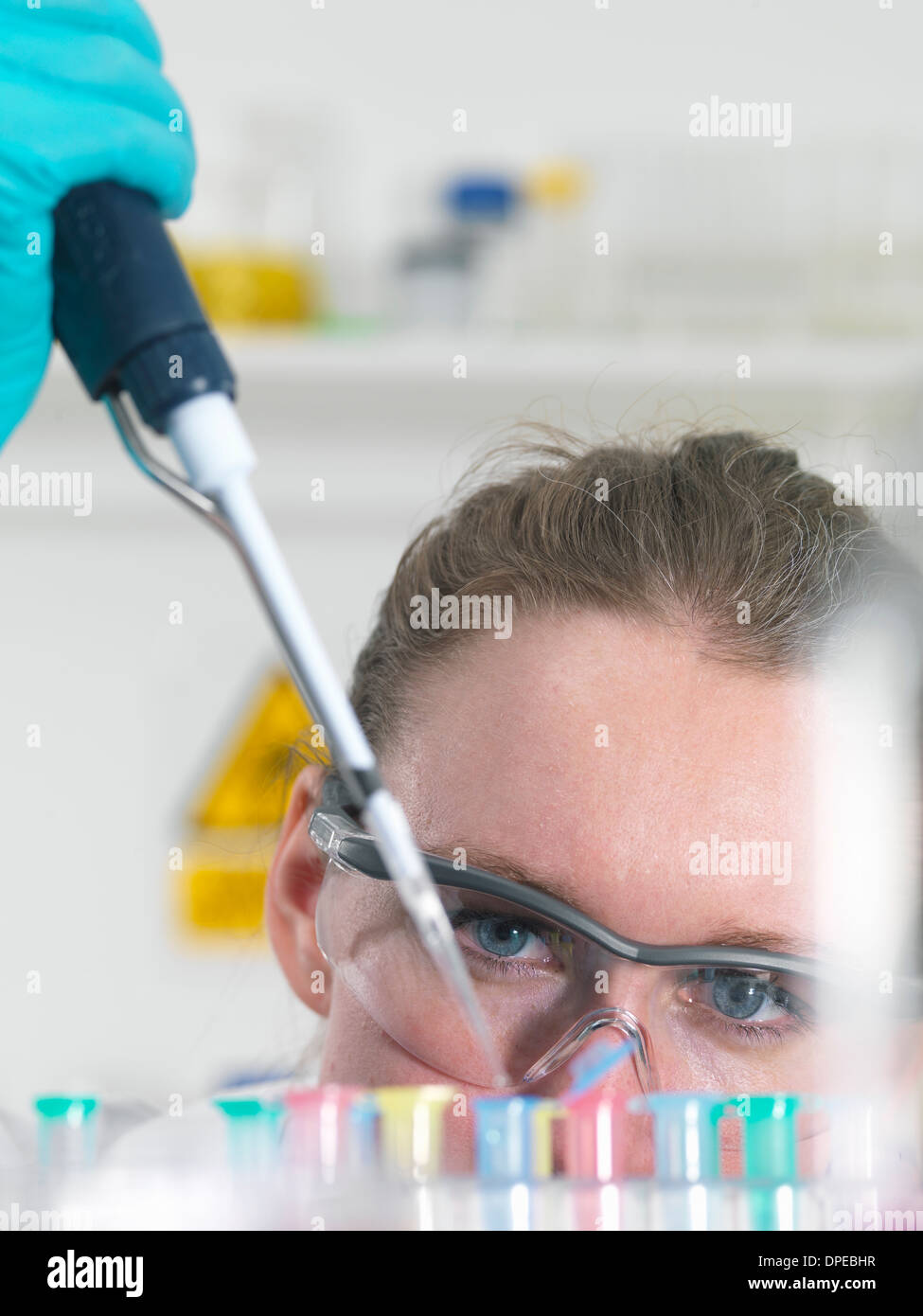 Wissenschaftler Pipettieren Probe in ein Eppendorf-Fläschchen im Labor Stockfoto