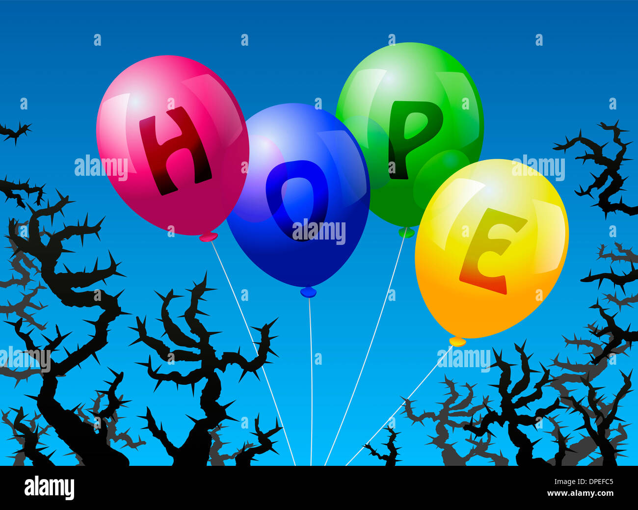 Vier Ballons, die mit dem Wort Hoffnung gekennzeichnet sind, droht der Dornen. Stockfoto