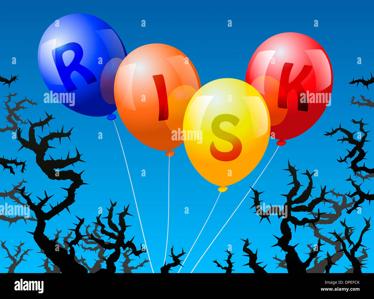 Vier Ballons, die mit dem Wort Gefahr gekennzeichnet sind, droht der Dornen. Stockfoto