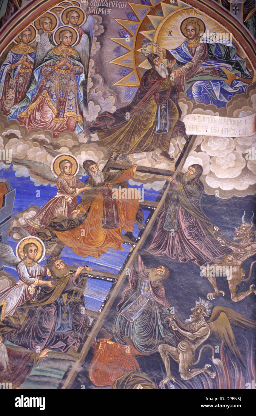 Leiter der Göttlichen Aufstieg oder Treppe in den Himmel Fresken in der Vorhalle der Große Lavra Kloster Berg Athos Griechenland Stockfoto