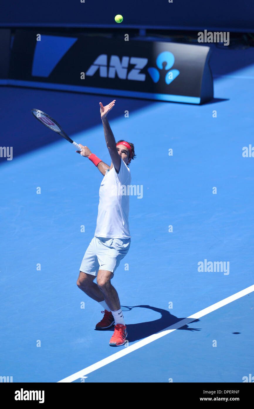 Melbourne, Australien. 14. Januar 2014. Roger Federer der Schweiz in Aktion am zweiten Tag der Australian Open aus Melbourne Park. Bildnachweis: Aktion Plus Sport/Alamy Live-Nachrichten Stockfoto