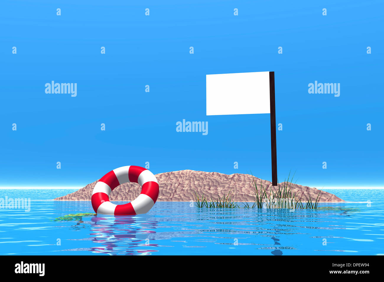 Leere Zeichen und Schwimmen im Meer auf einer Insel, 3D-Grafiken Reifen Stockfoto