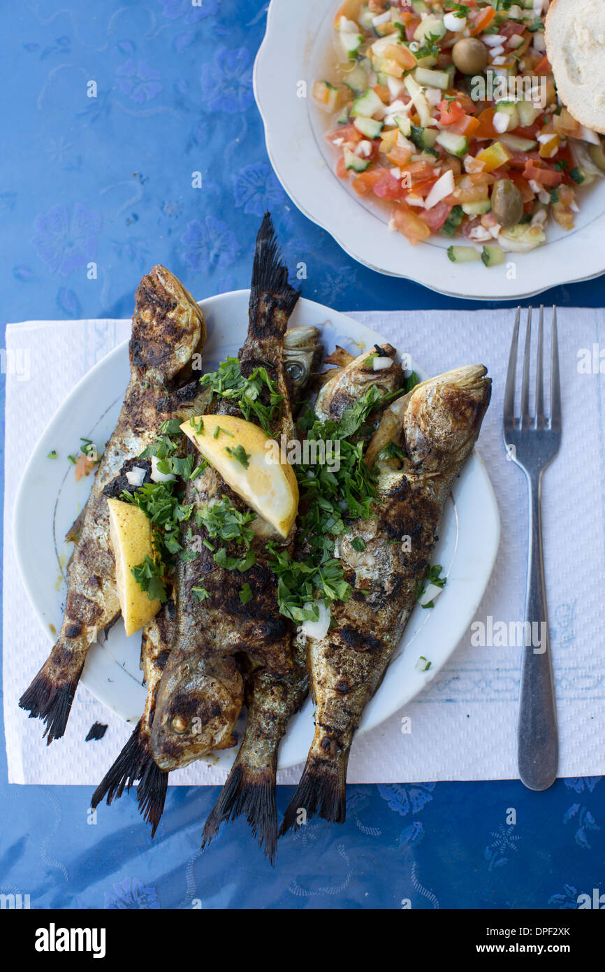 Gekochten Fisch auf Teller, Djerba, Tunesien Stockfoto