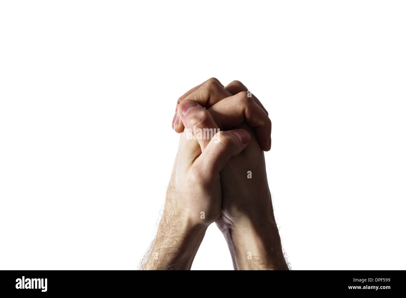 Hände zusammen für ein Gebet isoliert auf weißem Hintergrund Stockfoto