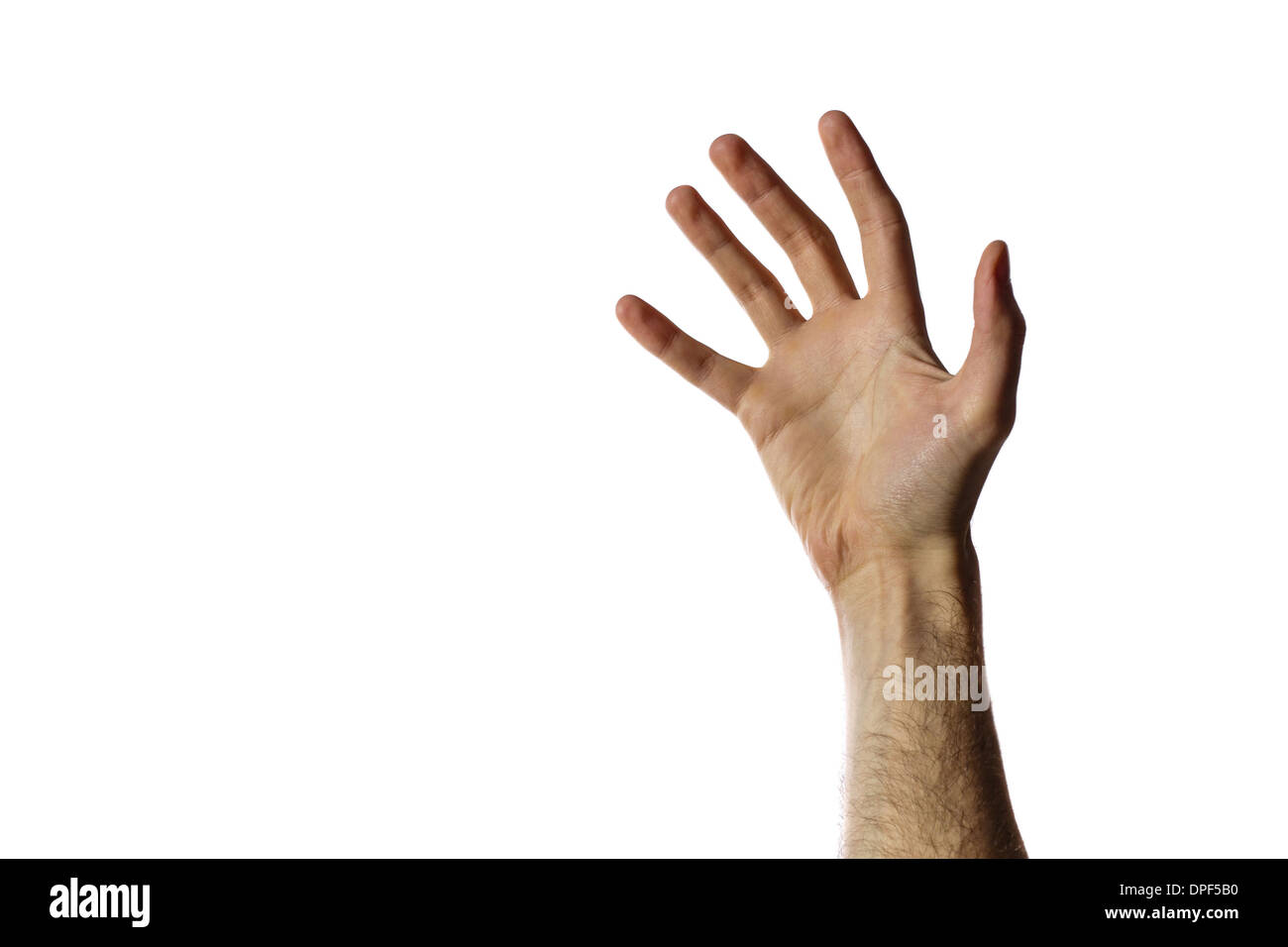 Offene Hand des Mannes auf einem weißen Hintergrund isoliert Stockfoto