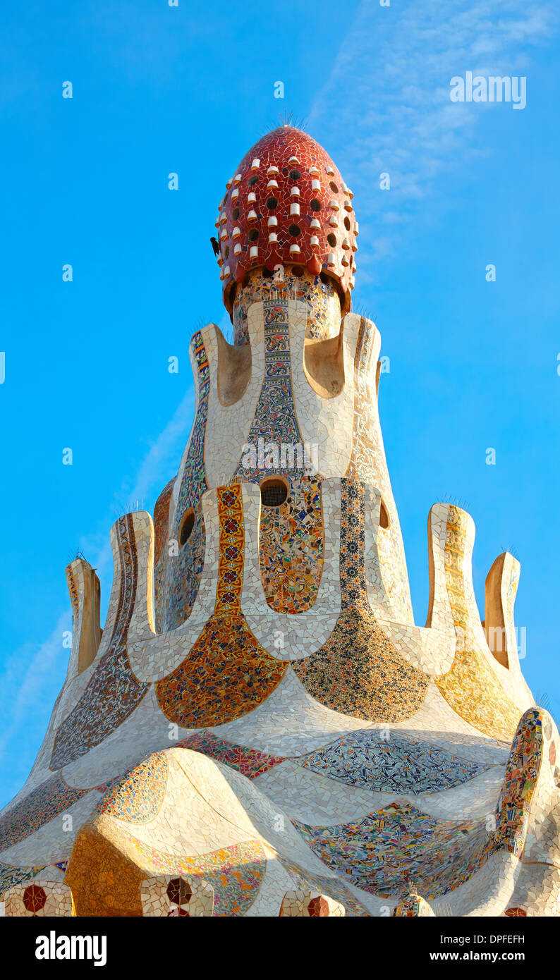 Detail des Hauswarts Lodge Pavillons auf der Parc Güell von Antoni Gaudi. Barcelona. Katalonien. Spanien Stockfoto