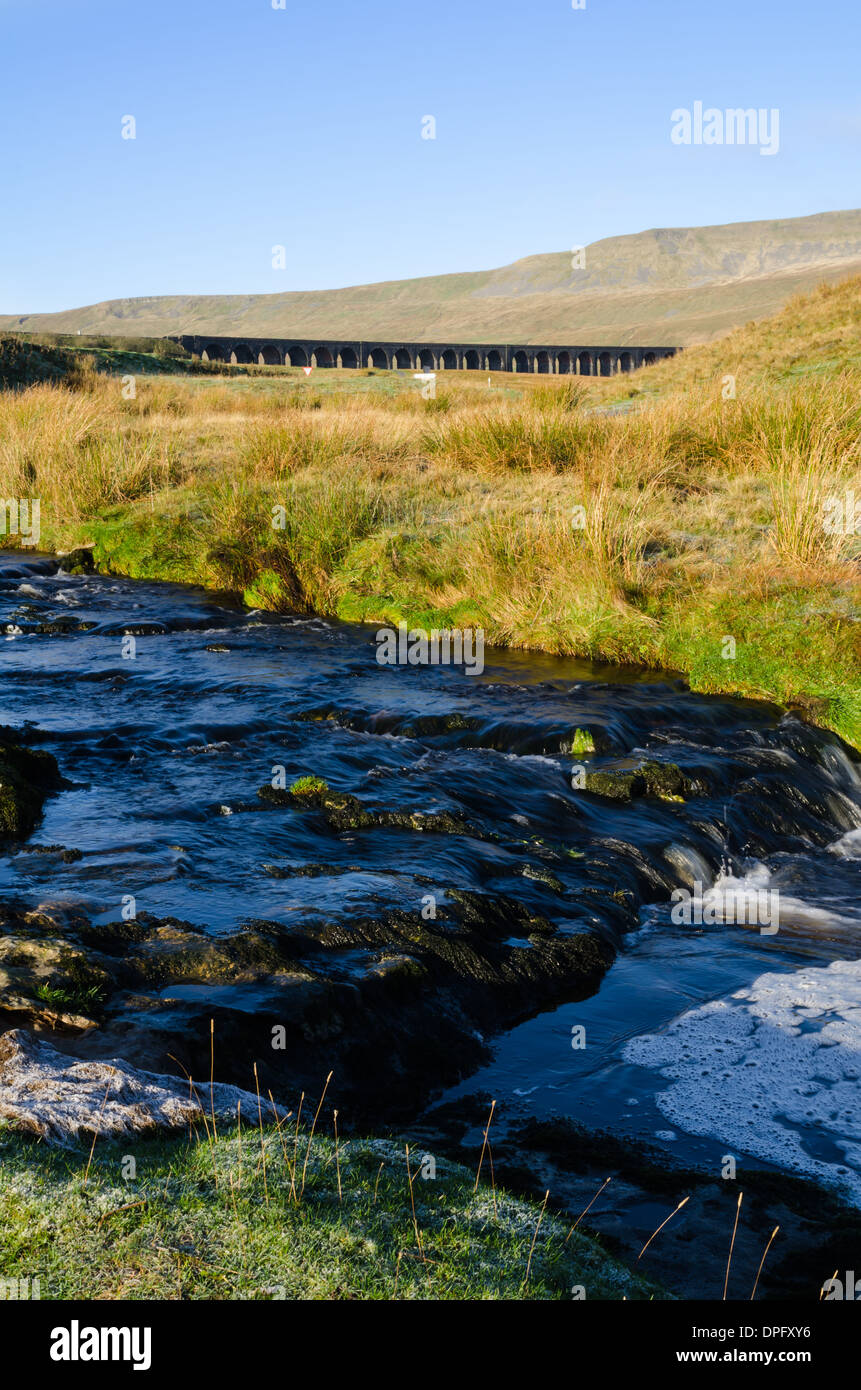 Ribblehead-Viadukt und Fluss Stockfoto