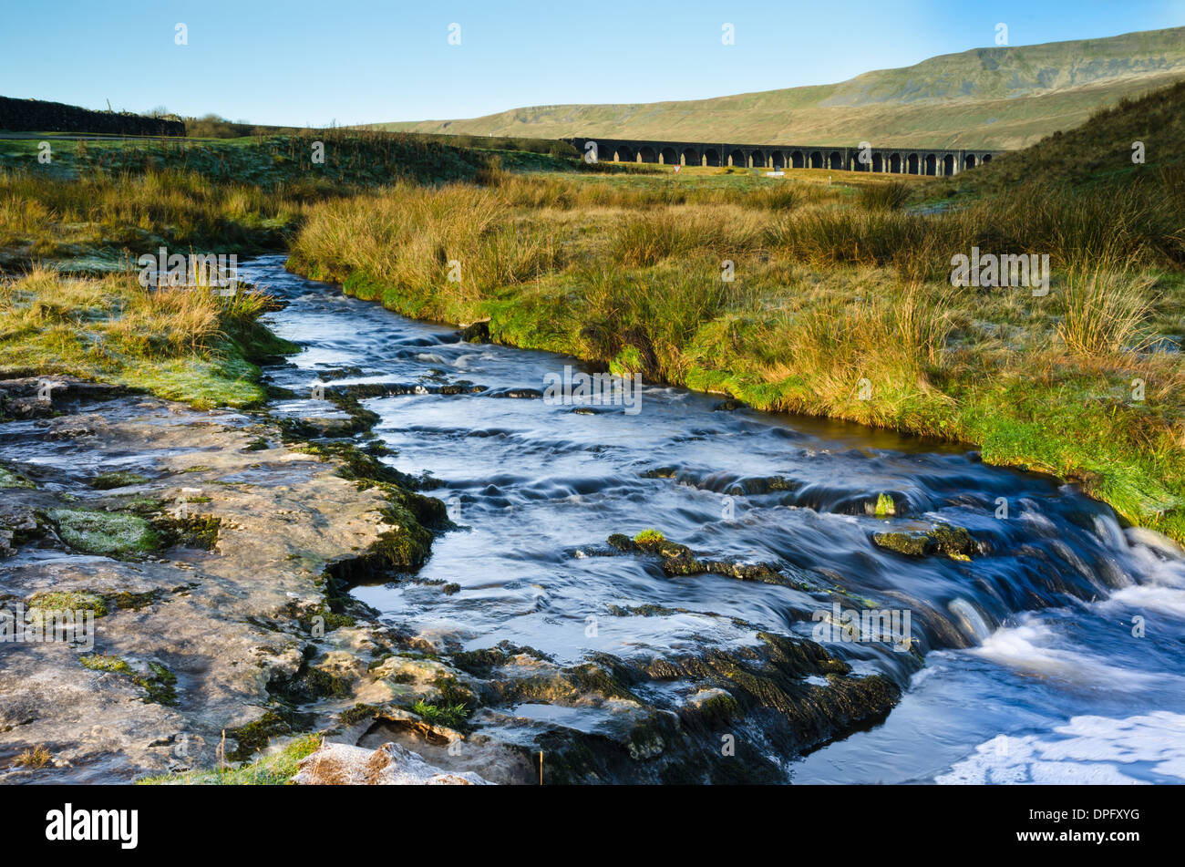 Ribblehead-Viadukt und Fluss Stockfoto