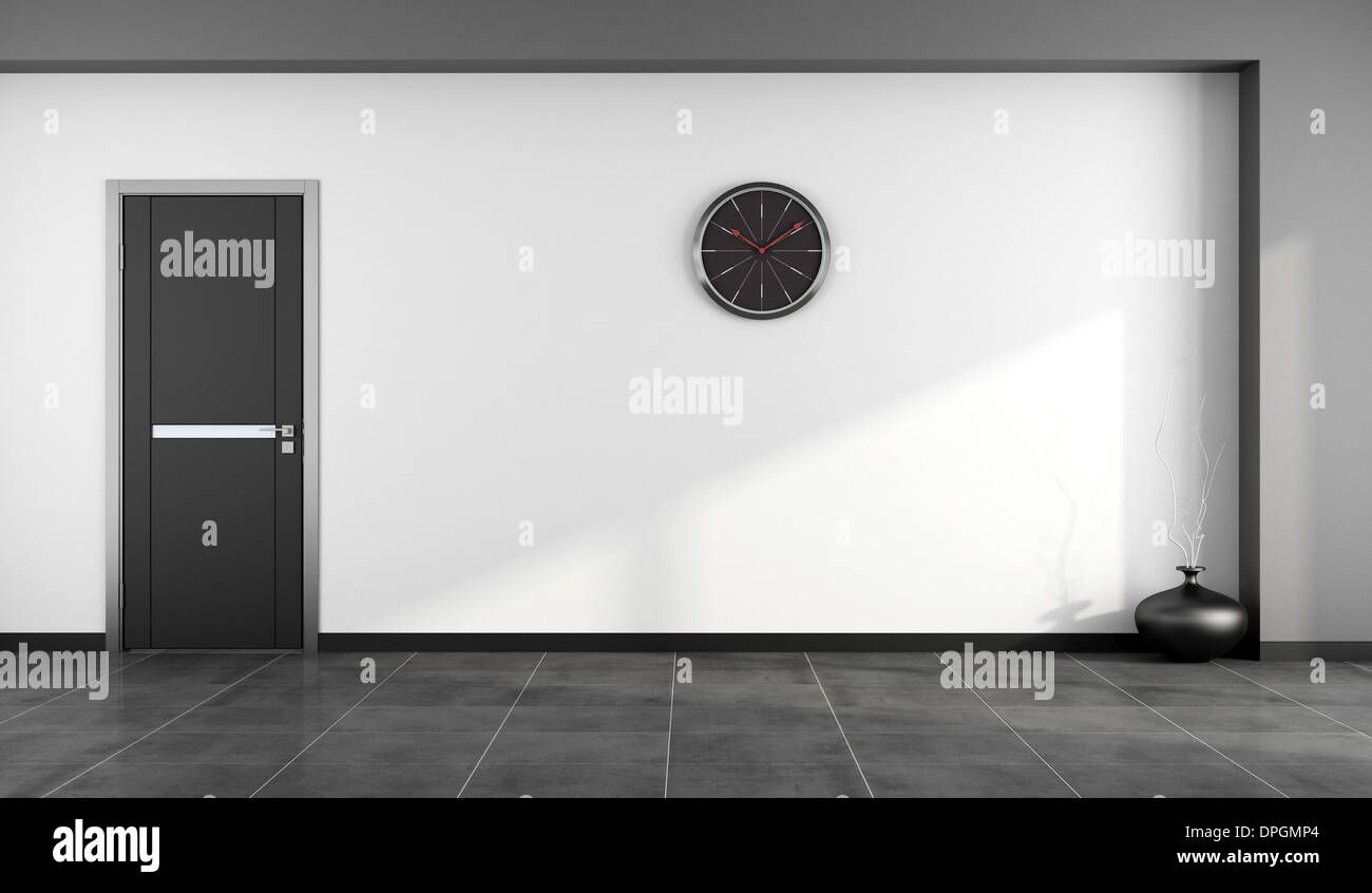 Leeren Raum mit modernen schwarzen Tür und Uhr auf Wand - Rendering Stockfoto