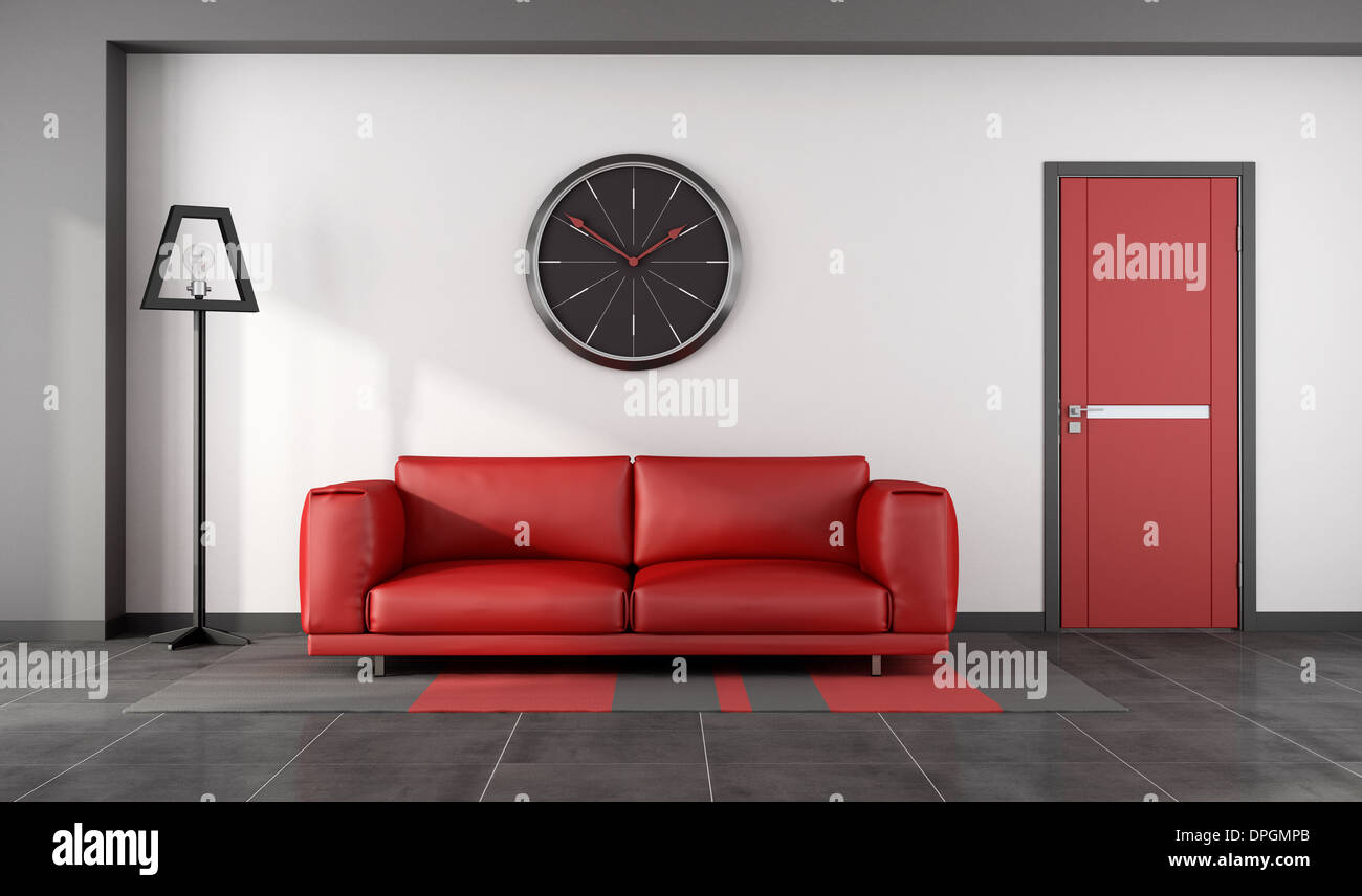 Minimalistischer Lounge mit roten Sofa und geschlossener Tür - Rendering Stockfoto