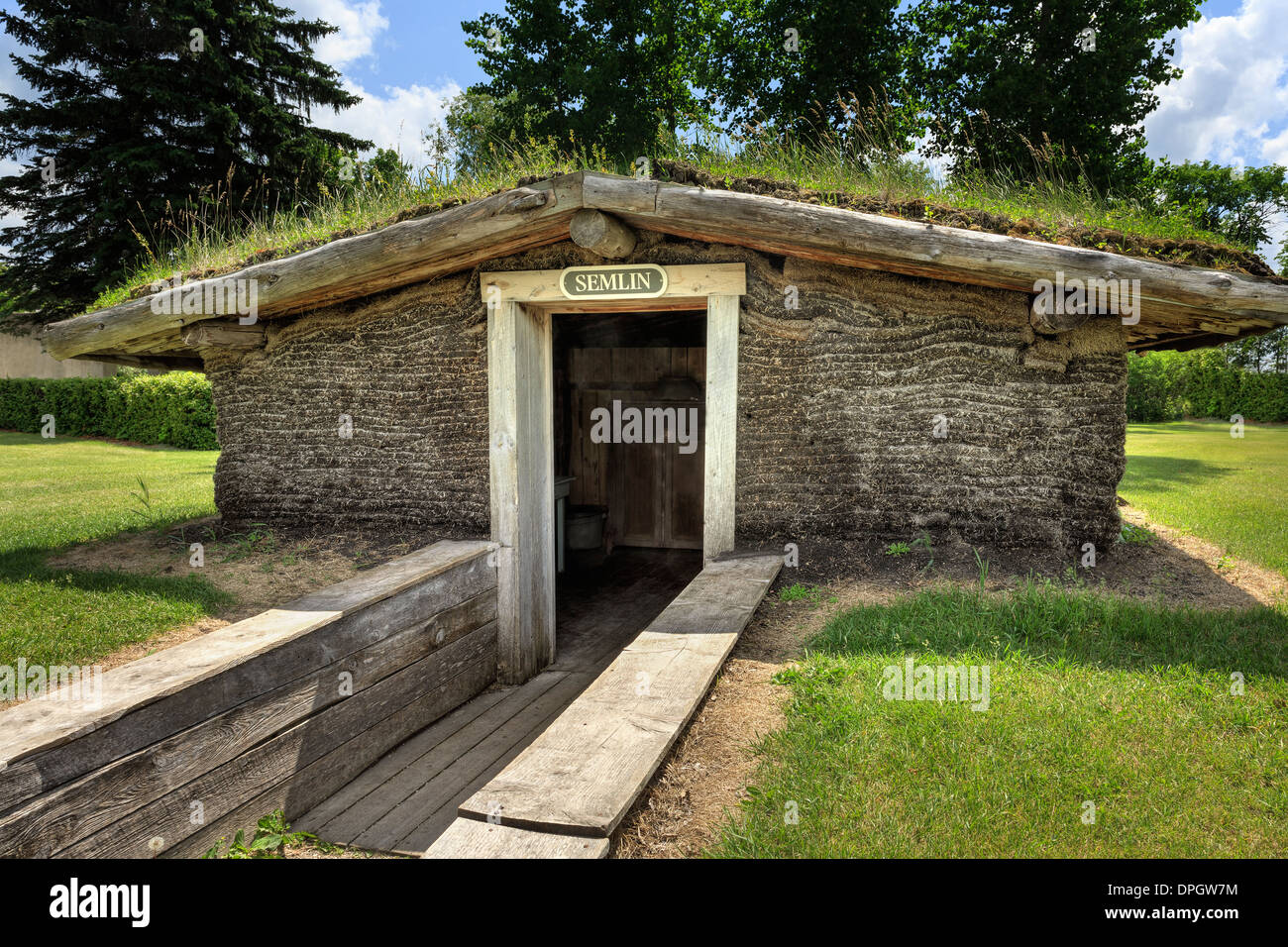SOD-Haus der Pioniere oder Semlin, Mennonite Heritage Village, Steinbach, Manitoba, Kanada Stockfoto