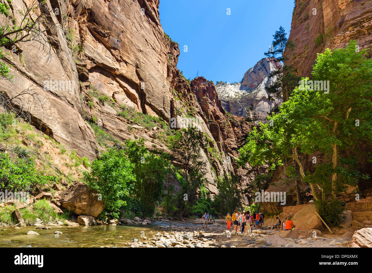 Touristen am Ende des Riverside Walk mit Blick auf The Narrows, Temple of Sinawava, Zion Canyon, Zion Nationalpark, Utah, USA Stockfoto