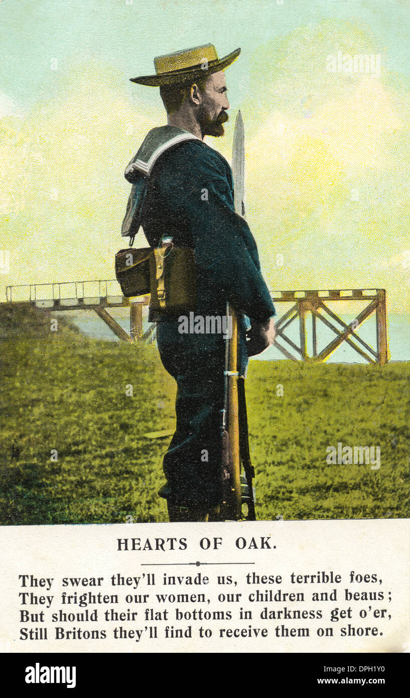 WW1-Postkarte mit Truppen in Familien zu Hause. Stockfoto