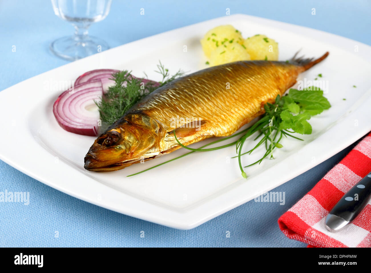 Bückling, geräucherten Hering auf einem weißen Teller garniert, Nahaufnahme Stockfoto