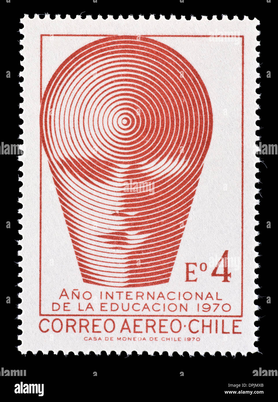 Briefmarke aus Chile zeigt ein stilisiertes menschliches Gesicht, für internationale Bildung Jahr ausgestellt. Stockfoto