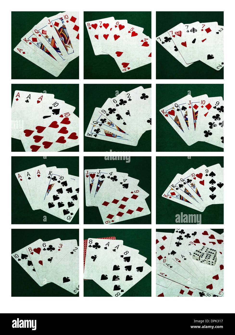 Pokerhände 1 Collage. Collage aus zwölf Fotos von zehn standard-Poker-Hände, plus Hand des toten Mannes Stockfoto