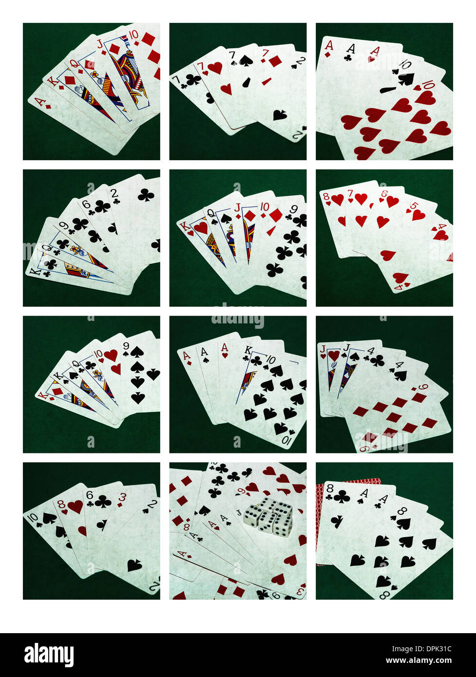 Poker-Hände 2 Collage. Collage aus zwölf Fotos von zehn standard-Poker-Hände, plus Hand des toten Mannes Stockfoto