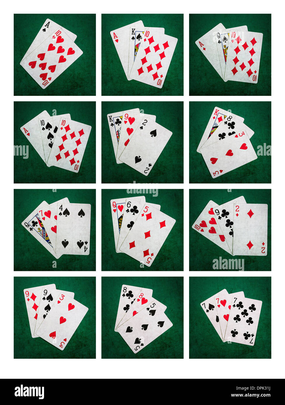 Collage einundzwanzig. Collage von 12 Fotos von Spielkarten bilden die Blackjack-Kombinationen von einundzwanzig Punkte Stockfoto
