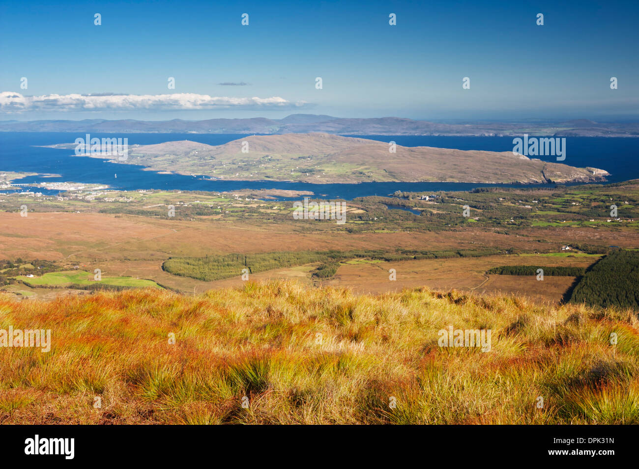 Blick nach Süden in Richtung Bantry Bay, Bere Island und Castletownbere von der Spitze des Knockoura Berges, Beara Halbinsel, County Cork, Irland Stockfoto