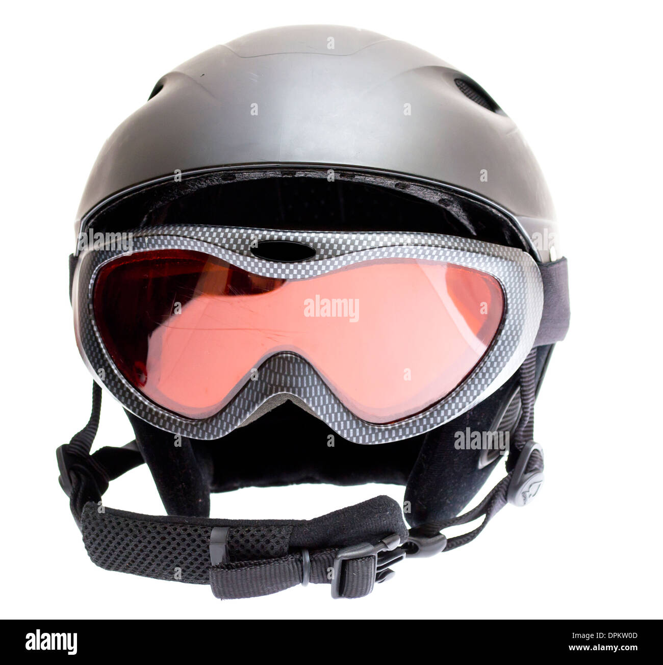Snowboard Helm, Handschuhe, Brille auf einem weißen Hintergrund. Stockfoto