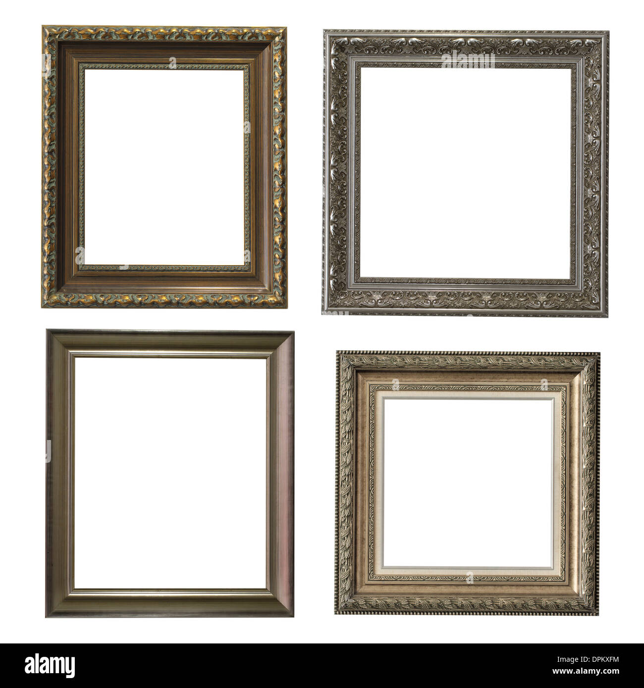 Sammlung von vier Holzrahmen für Gemälde oder Bild auf weißem Hintergrund. Stockfoto